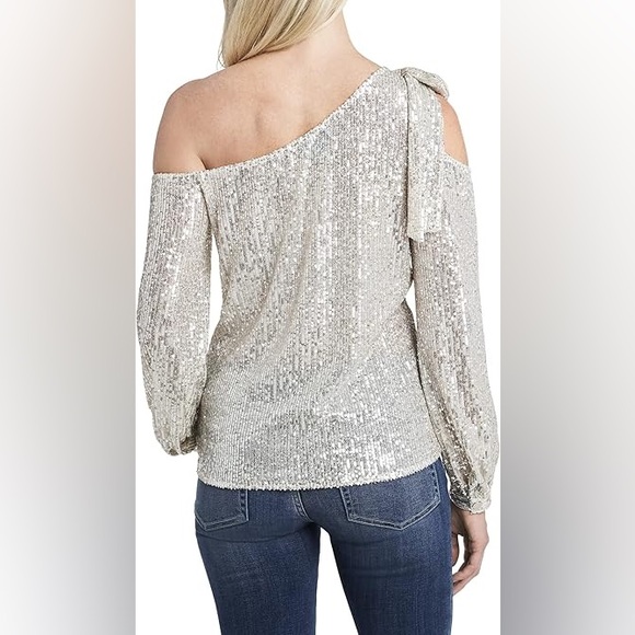 CeCe Women's Long Cold Shoulder Asymmetrical Neck Sequin Top Champagne - Picture 13 of 14